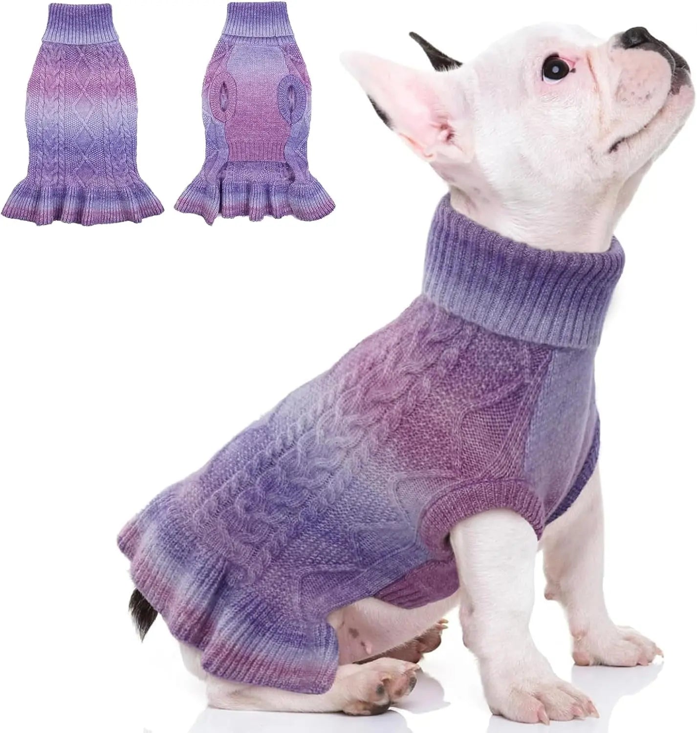 Cable Knit Dog Sweater Dress | Soft Turtleneck Warm Pet Pullover (XS–XL) Gradient Purple