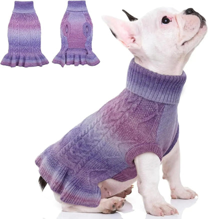 Cable Knit Dog Sweater Dress | Soft Turtleneck Warm Pet Pullover (XS–XL) Gradient Purple