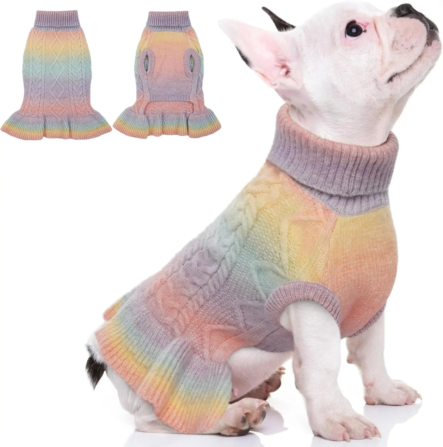 Cable Knit Dog Sweater Dress | Soft Turtleneck Warm Pet Pullover (XS–XL) Gradient Pink