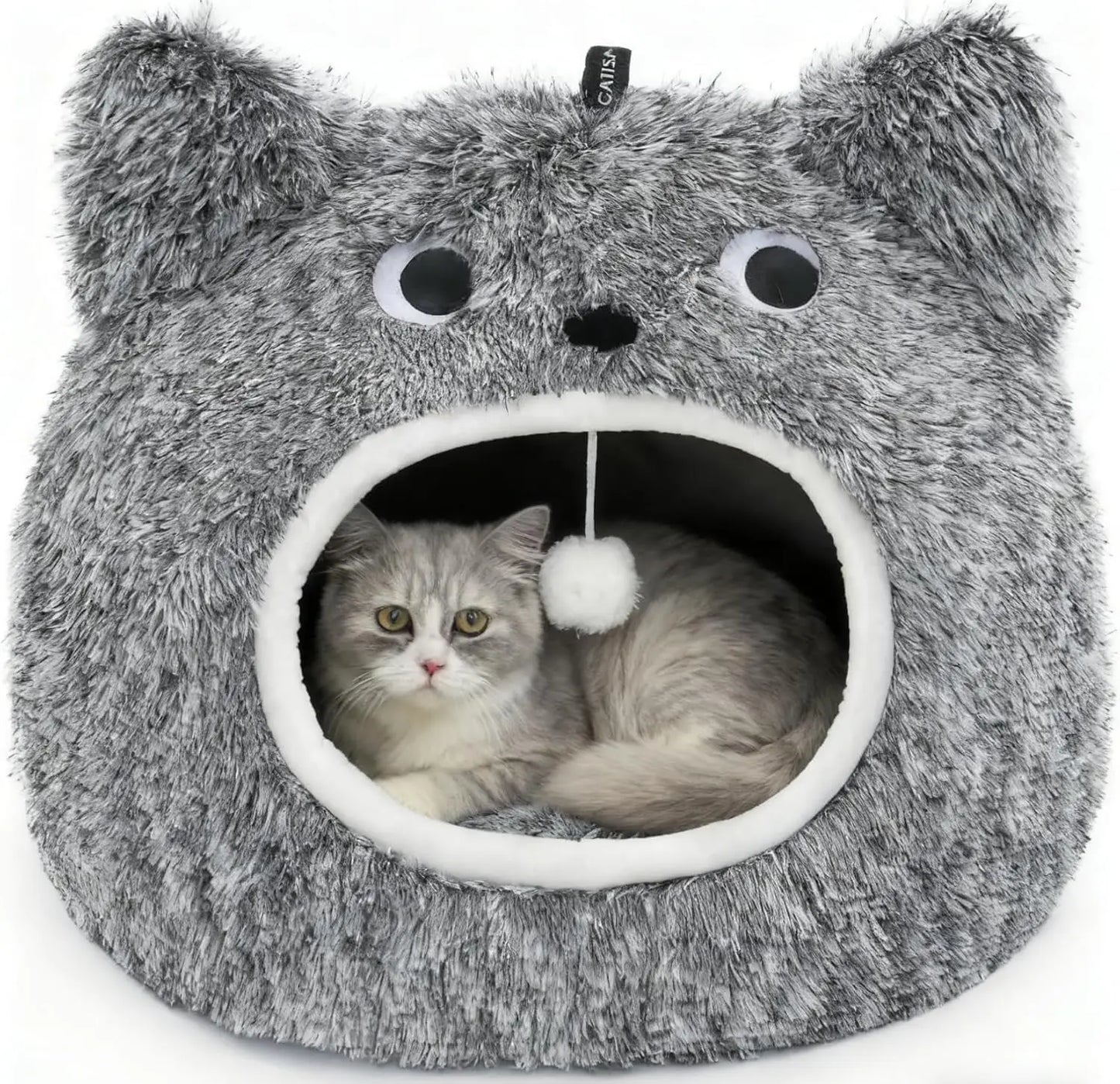 Cat Bed Cave for Indoor Cats, Plush Hooded Cat Bed with Removable Cushion Black Large