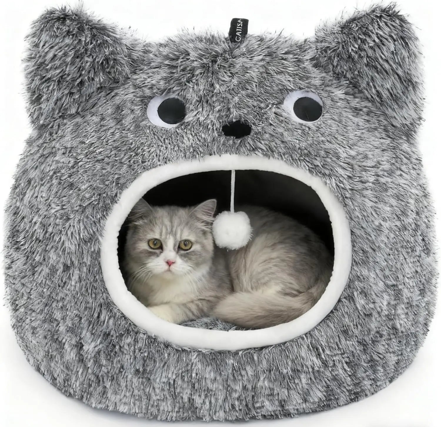 Cat Bed Cave for Indoor Cats, Plush Hooded Cat Bed with Removable Cushion Black Large