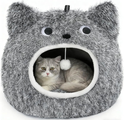 Cat Bed Cave for Indoor Cats, Plush Hooded Cat Bed with Removable Cushion Black Large