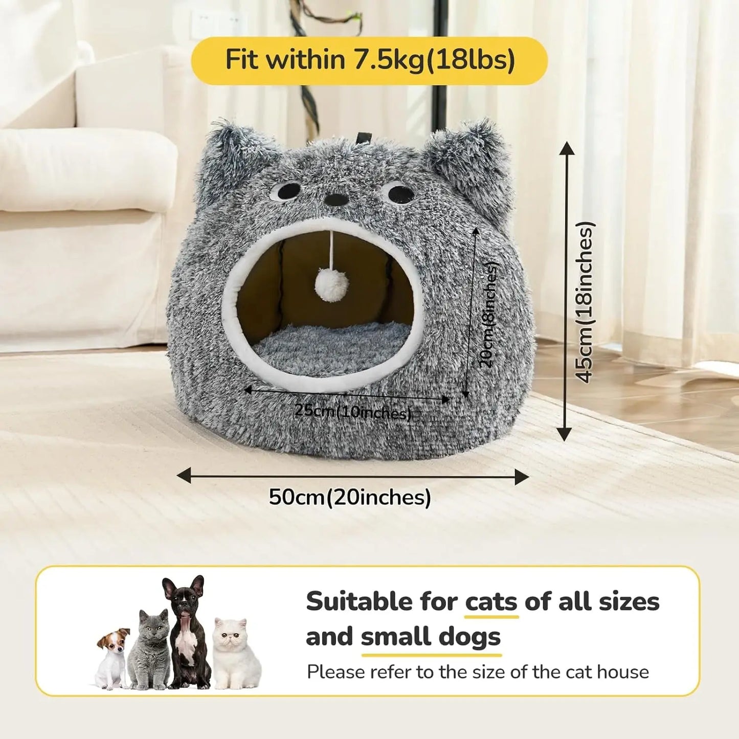 Cat Bed Cave for Indoor Cats, Plush Hooded Cat Bed with Removable Cushion