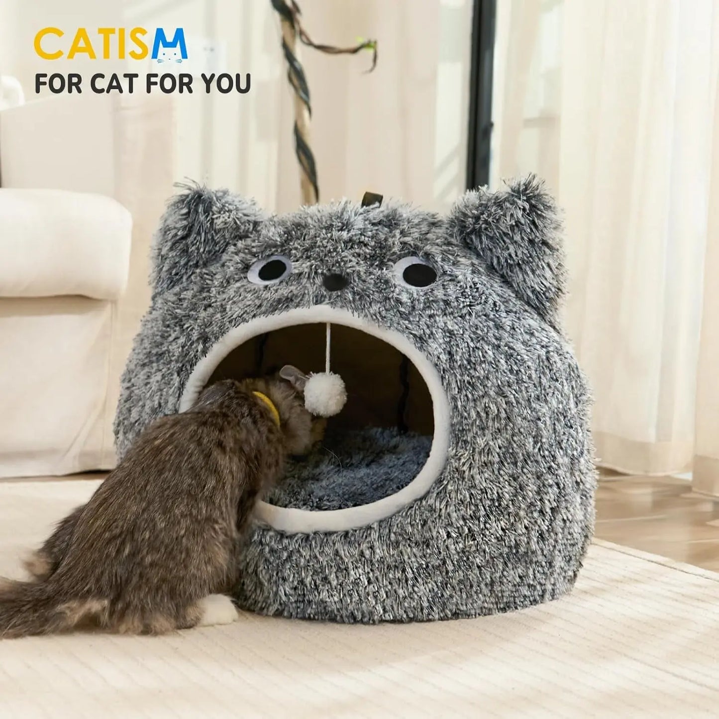 Cat Bed Cave for Indoor Cats, Plush Hooded Cat Bed with Removable Cushion