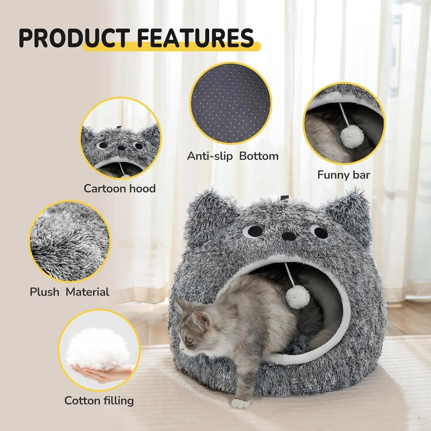 Cat Bed Cave for Indoor Cats, Plush Hooded Cat Bed with Removable Cushion