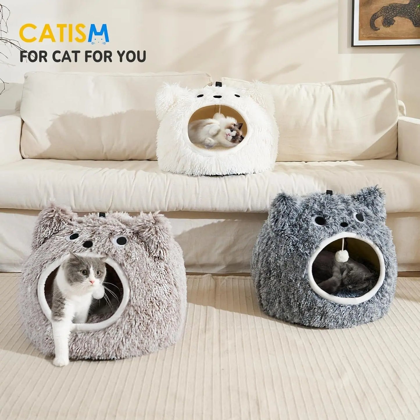 Cat Bed Cave for Indoor Cats, Plush Hooded Cat Bed with Removable Cushion