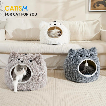 Cat Bed Cave for Indoor Cats, Plush Hooded Cat Bed with Removable Cushion