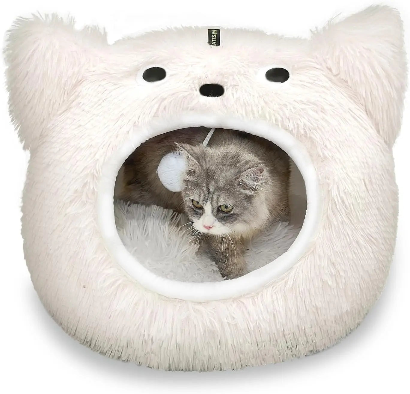 Cat Bed Cave for Indoor Cats, Plush Hooded Cat Bed with Removable Cushion White Large