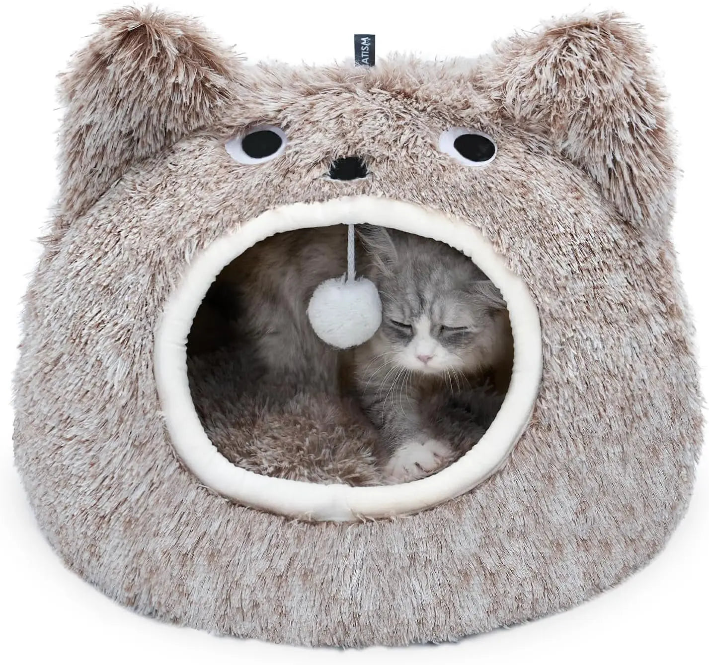 Cat Bed Cave for Indoor Cats, Plush Hooded Cat Bed with Removable Cushion Coffee Large
