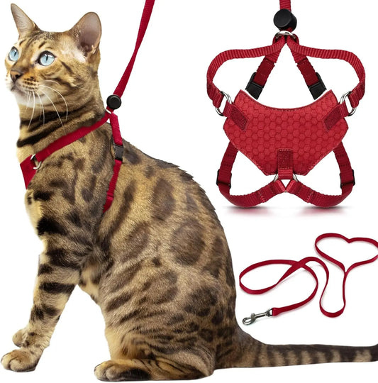 Cat Harness Escape Proof Adjustable Leash Set Reflective Walking Vest Red