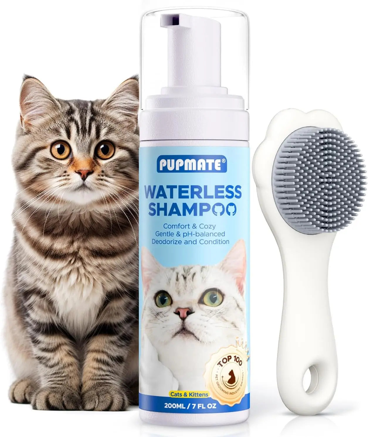 Cat Waterless Shampoo No Rinse Hypoallergenic Detangling Odor Control 1*Shampoo+1*Brush