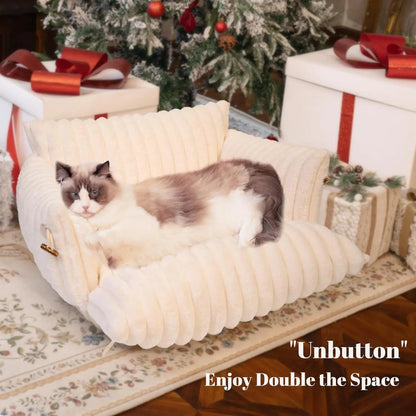 Cat & Small Dog Bed -Couch Off-White, Washable Cover, Non-Slip, Supportive Foam