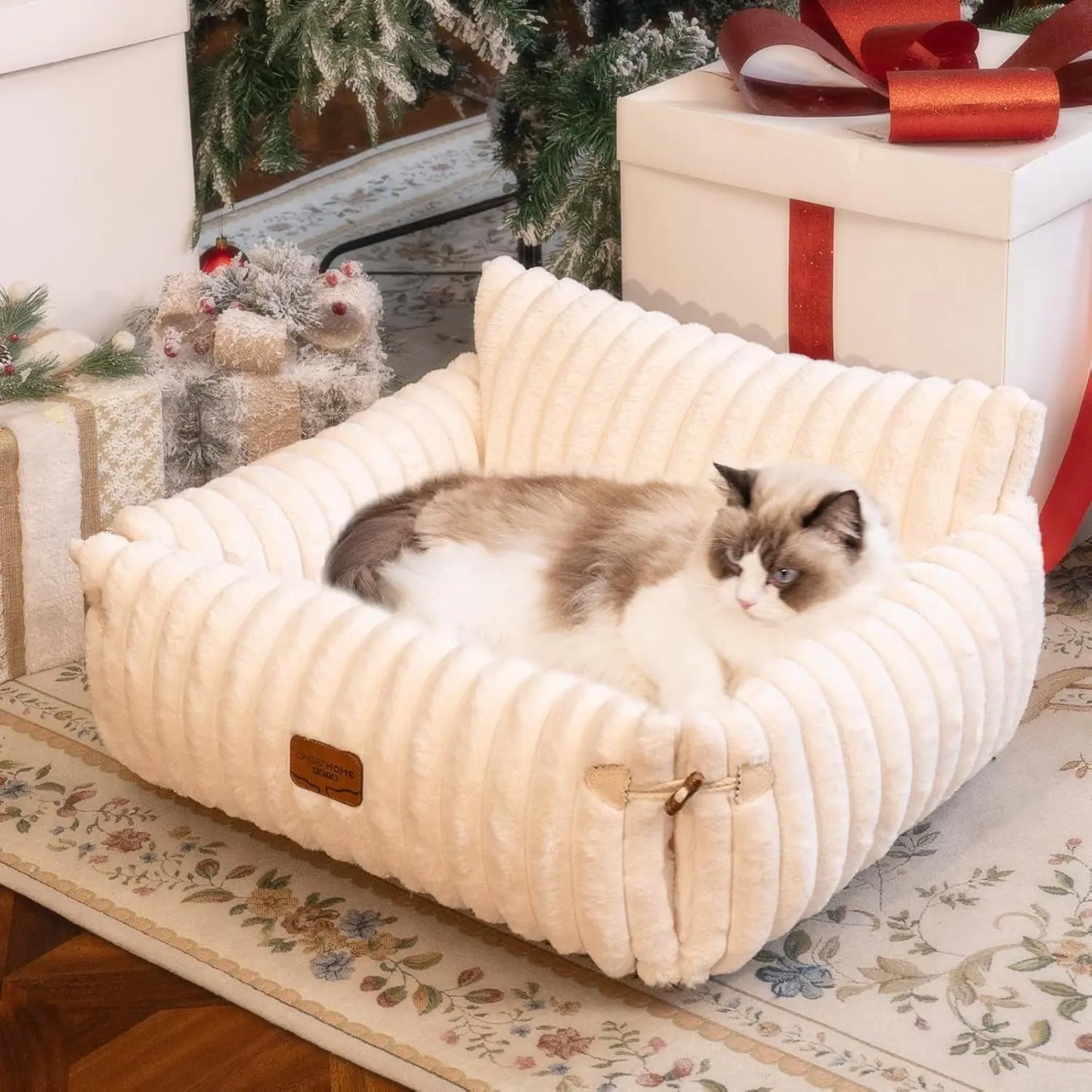Cat & Small Dog Bed -Couch Off-White, Washable Cover, Non-Slip, Supportive Foam White
