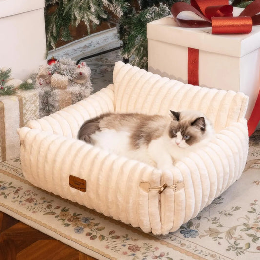 Cat & Small Dog Bed -Couch Off-White, Washable Cover, Non-Slip, Supportive Foam White