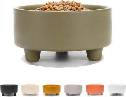 Ceramic Cat & Dog Pet Bowl, Elevated Stoneware Feeder, Dishwasher Safe Olive
