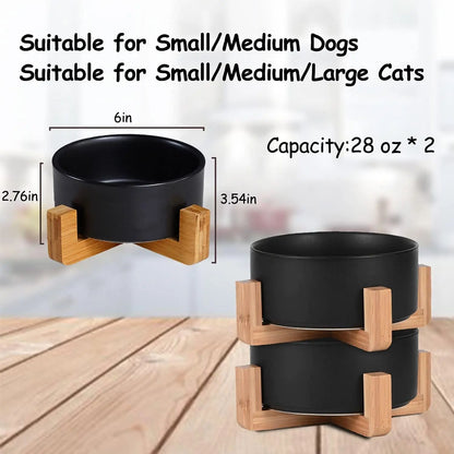 Ceramic Cat & Small Dog Bowl Set with Stand 13.5oz Non Slip Double