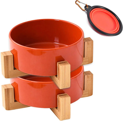 Ceramic Cat & Small Dog Bowl Set with Stand 13.5oz Non Slip Double Rust Red