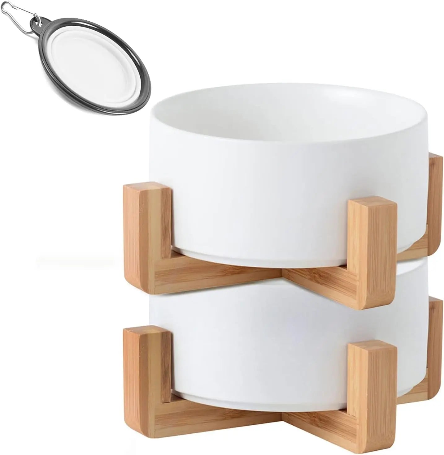 Ceramic Cat & Small Dog Bowl Set with Stand 13.5oz Non Slip Double White