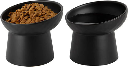 Ceramic Raised Tilted Cat Bowls Set of 2, Elevated Porcelain Feeder Black-2Pc
