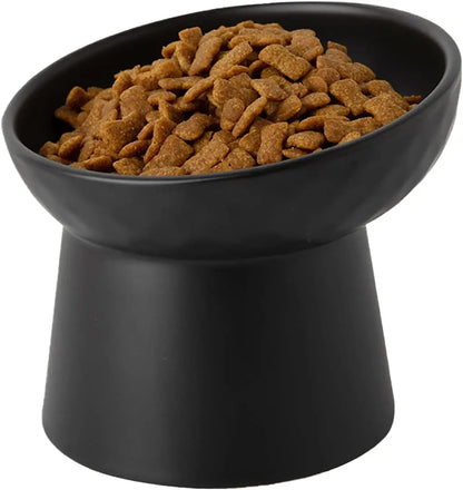 Ceramic Raised Tilted Cat Bowls Set of 2, Elevated Porcelain Feeder Black-1Pc
