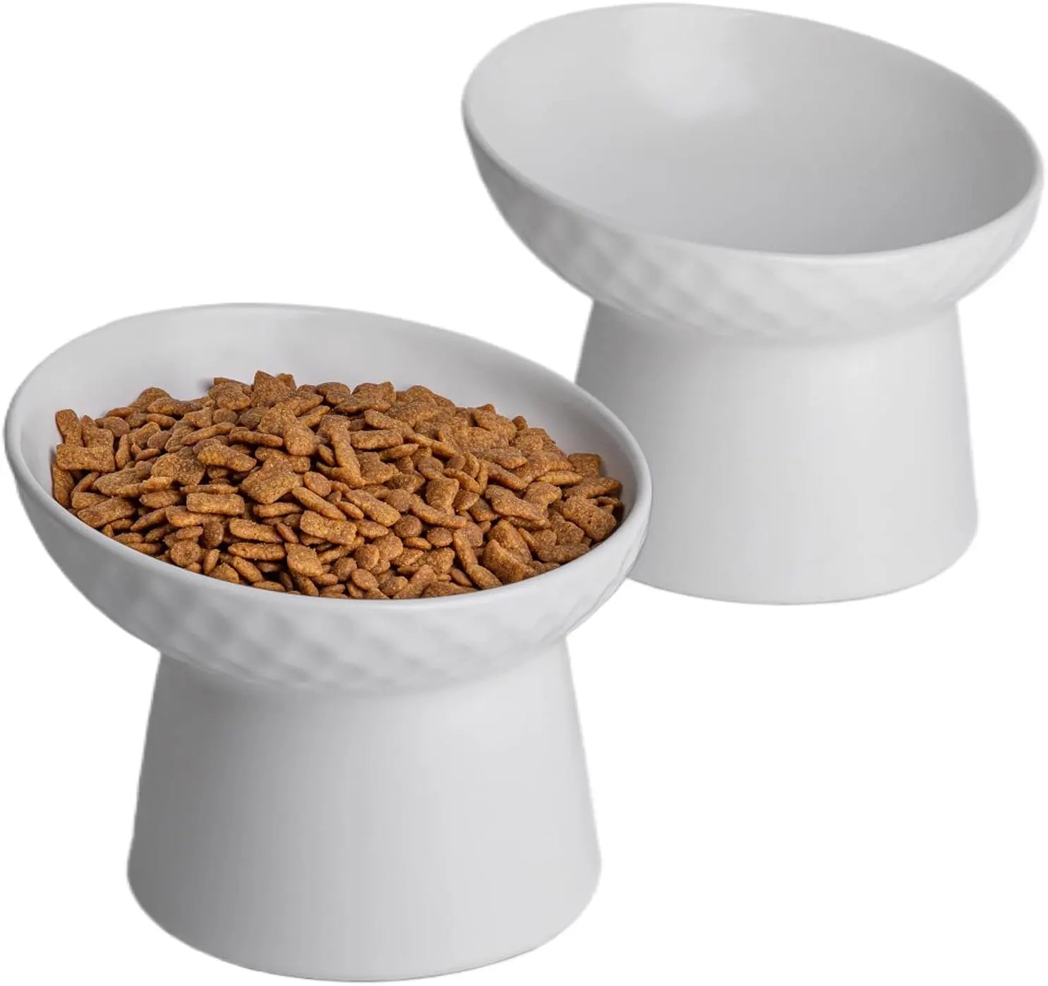 Ceramic Raised Tilted Cat Bowls Set of 2, Elevated Porcelain Feeder 6 Inch-2Pc White