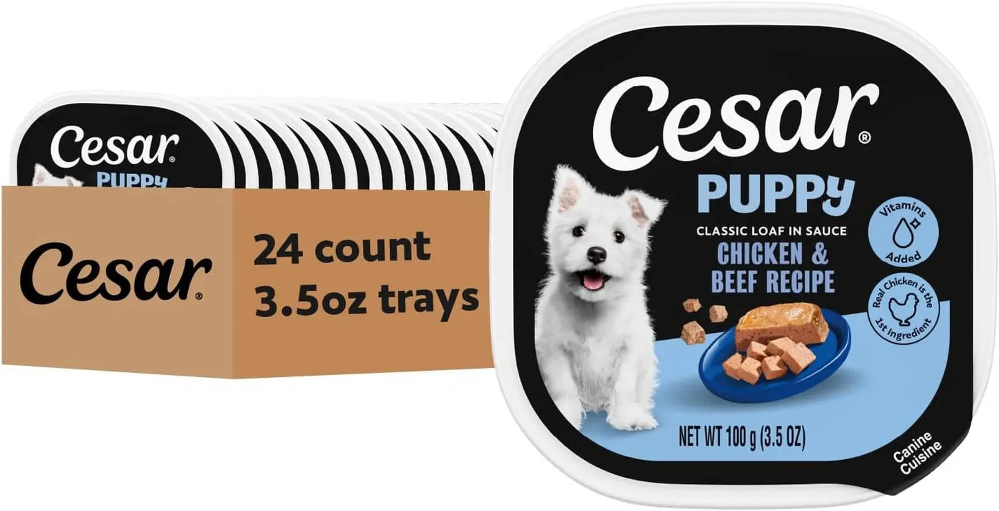 Cesar Puppy Classic Wet Dog Food Chicken & Beef or Variety Pack 3.5oz 24ct Chicken Beef 24 Count (Pack Of 1)