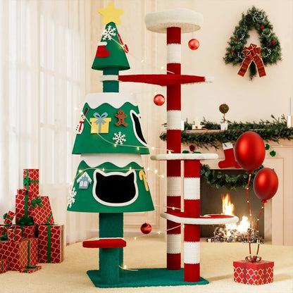 Christmas Cat Tree Tower w/ 2 Condos, Scratching Posts & LED Lights – DIY Default Title