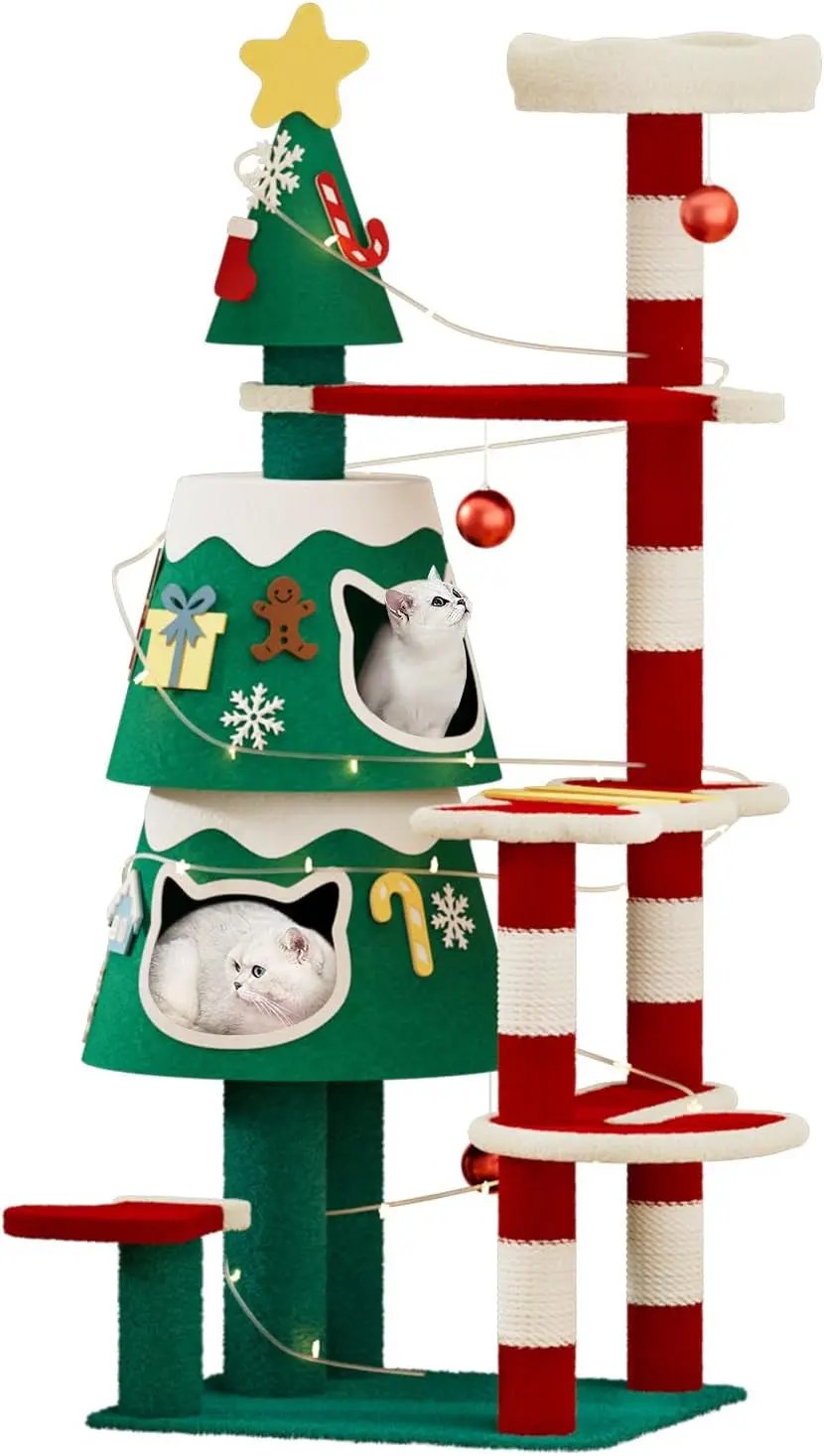 Christmas Cat Tree Tower w/ 2 Condos, Scratching Posts & LED Lights – DIY