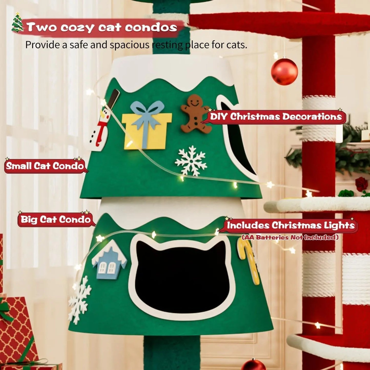 Christmas Cat Tree Tower w/ 2 Condos, Scratching Posts & LED Lights – DIY
