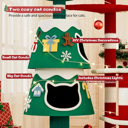 Christmas Cat Tree Tower w/ 2 Condos, Scratching Posts & LED Lights – DIY
