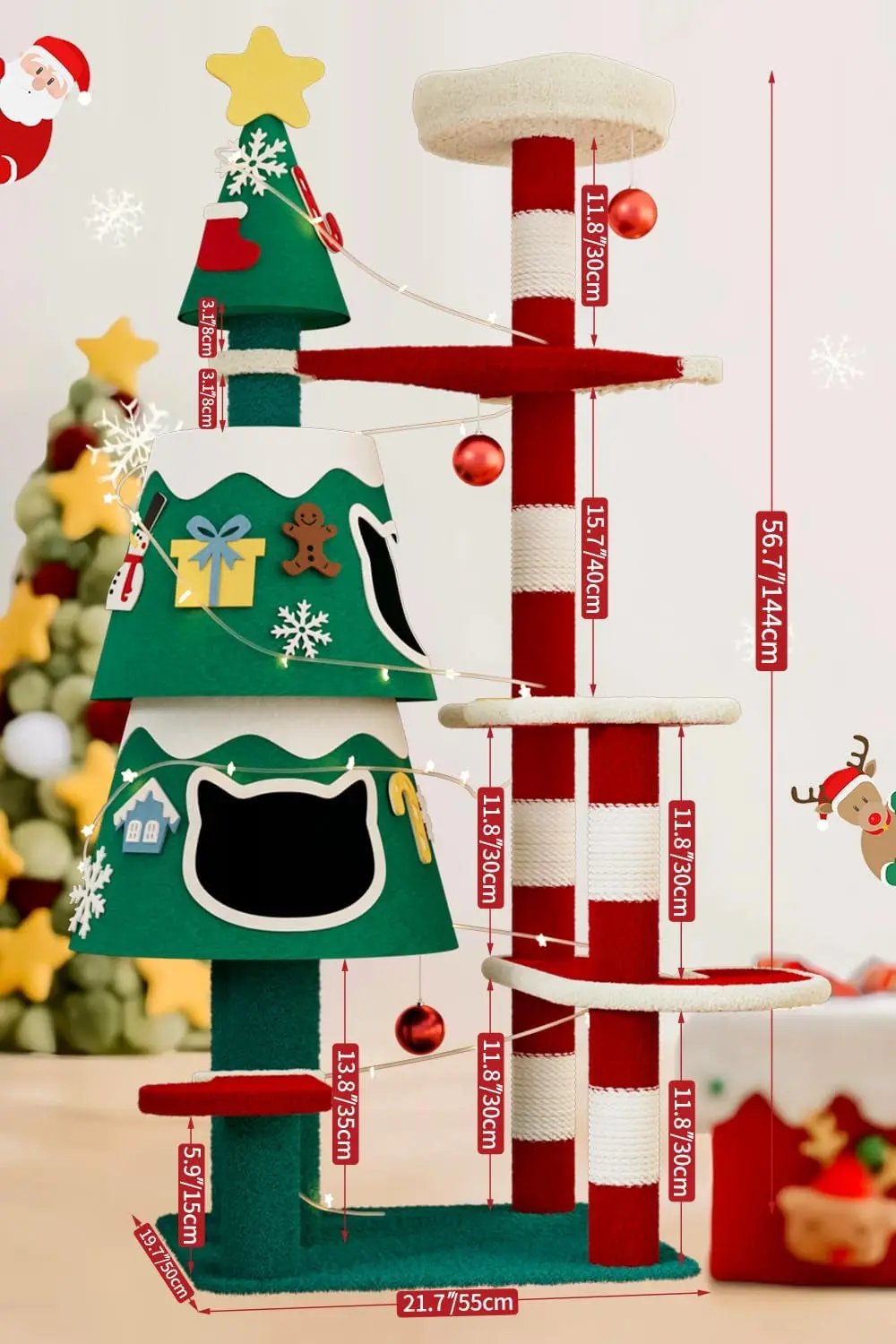 Christmas Cat Tree Tower w/ 2 Condos, Scratching Posts & LED Lights – DIY