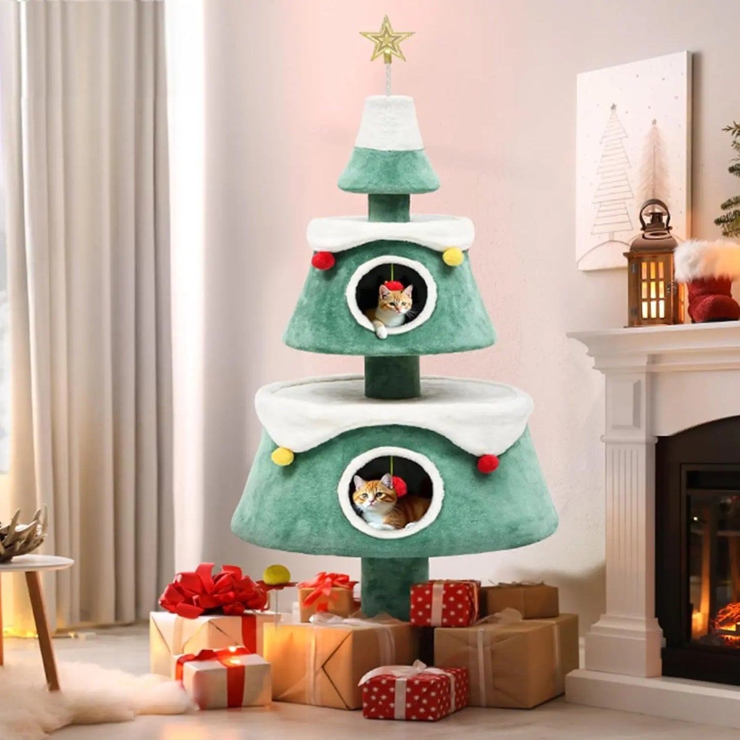 Christmas Cat Tree Tower with 2 Cozy Houses & Toys –Festive Indoor Cat Furniture Green+White 63In
