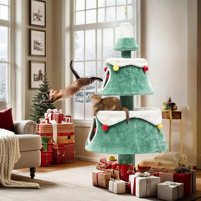 Christmas Cat Tree Tower with 2 Cozy Houses & Toys –Festive Indoor Cat Furniture