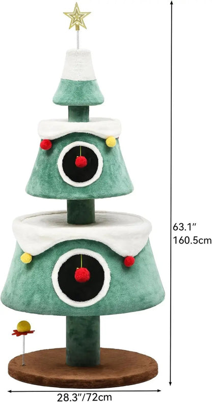 Christmas Cat Tree Tower with 2 Cozy Houses & Toys –Festive Indoor Cat Furniture