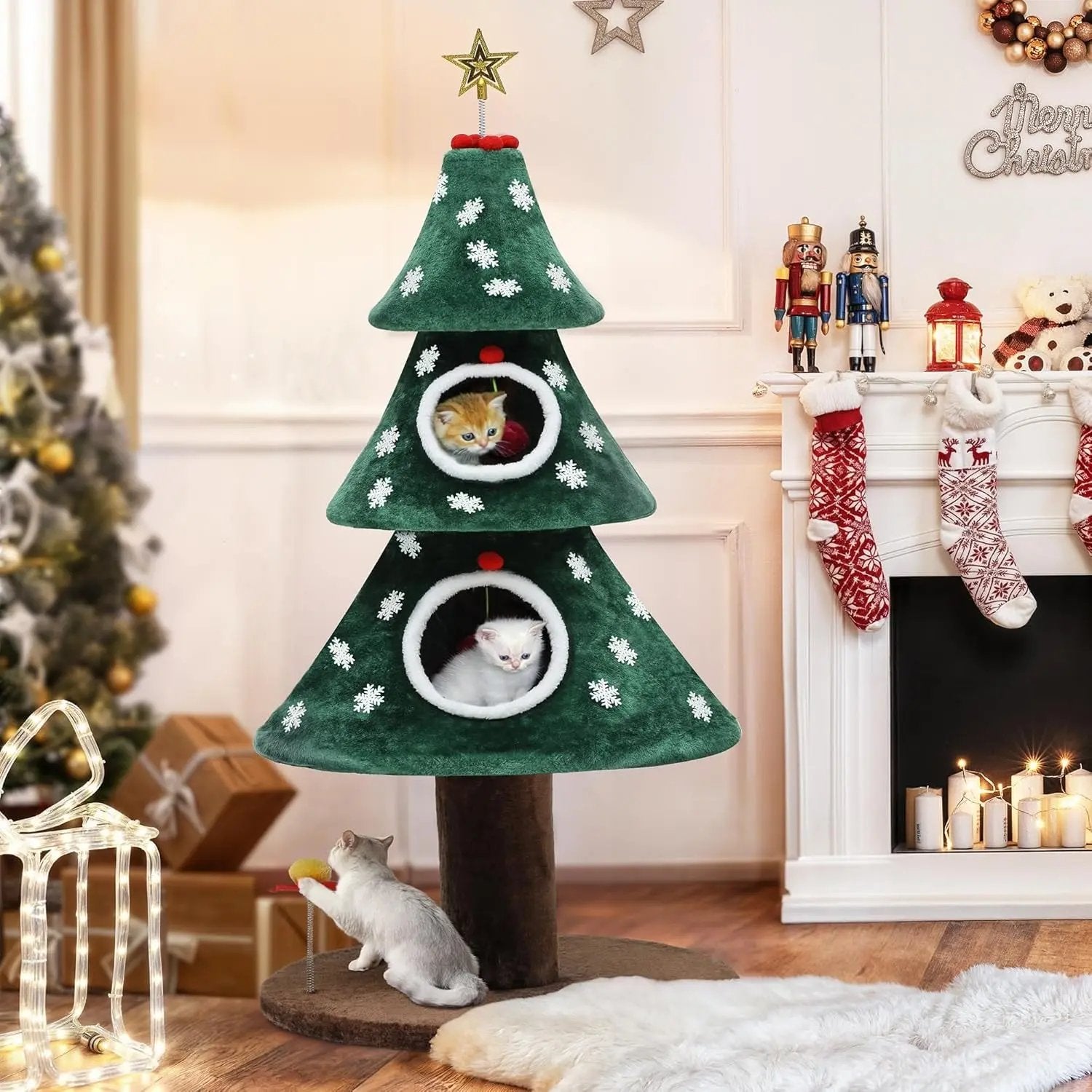 Christmas Cat Tree Tower with 2 Cozy Houses & Toys –Festive Indoor Cat Furniture Green 52In