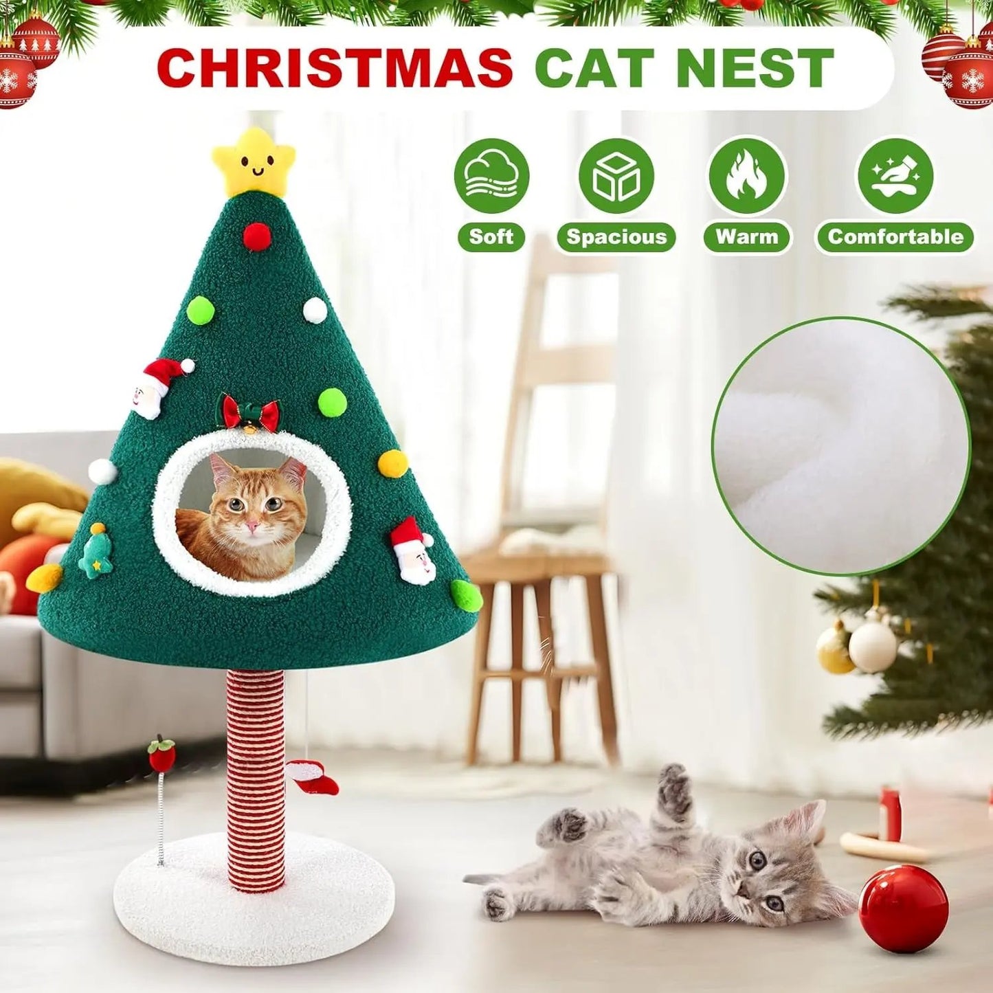 Christmas Cat Tree Tower with House & Sisal Scratching Post, 36.6" Indoor Condo