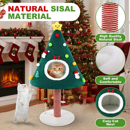 Christmas Cat Tree Tower with House & Sisal Scratching Post, 36.6" Indoor Condo
