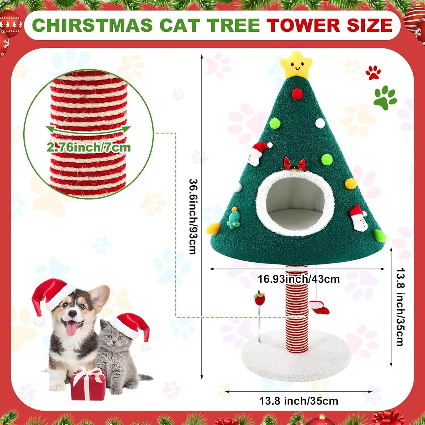 Christmas Cat Tree Tower with House & Sisal Scratching Post, 36.6" Indoor Condo