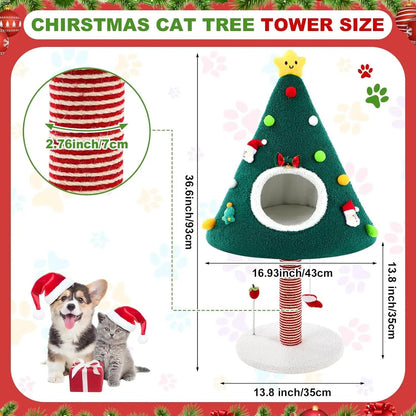 Christmas Cat Tree Tower with House & Sisal Scratching Post, 36.6" Indoor Condo