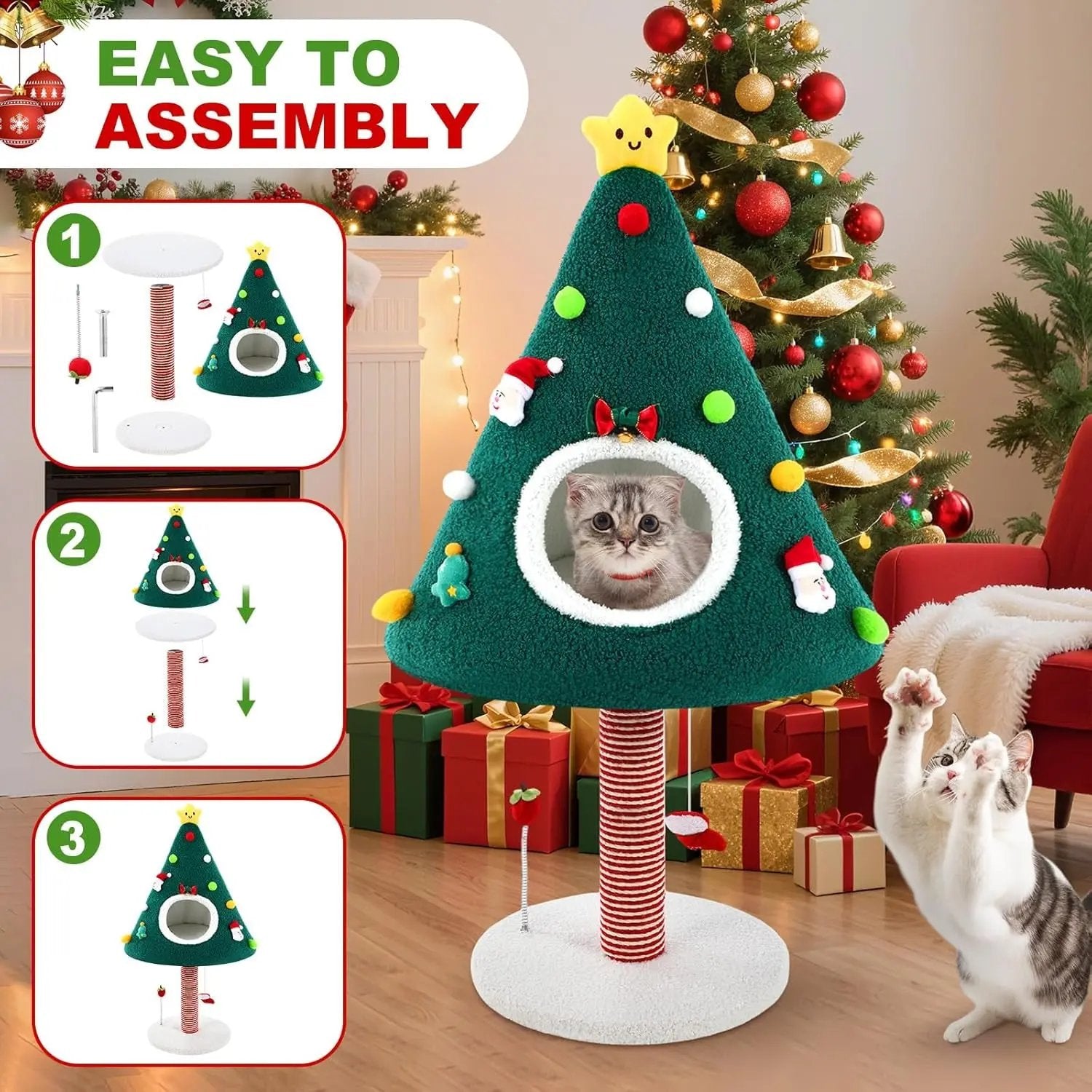 Christmas Cat Tree Tower with House & Sisal Scratching Post, 36.6" Indoor Condo