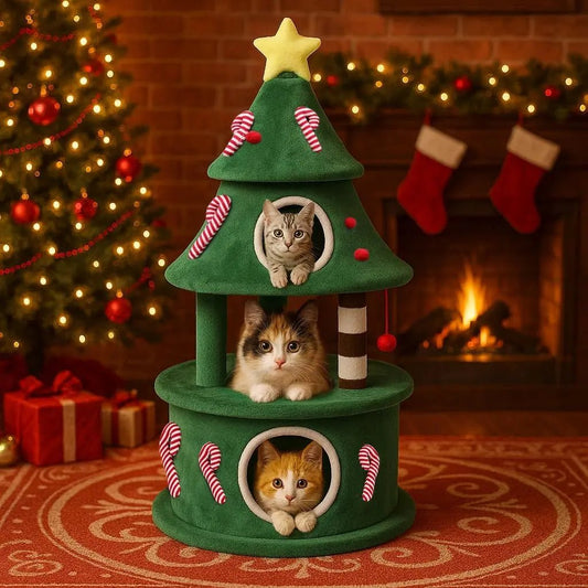 Christmas Cat Tree with 3 Condos – Holiday Cat Tower w/Toys & Scratching Posts 55Inch