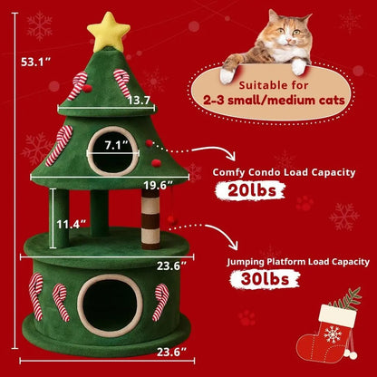 Christmas Cat Tree with 3 Condos – Holiday Cat Tower w/Toys & Scratching Posts