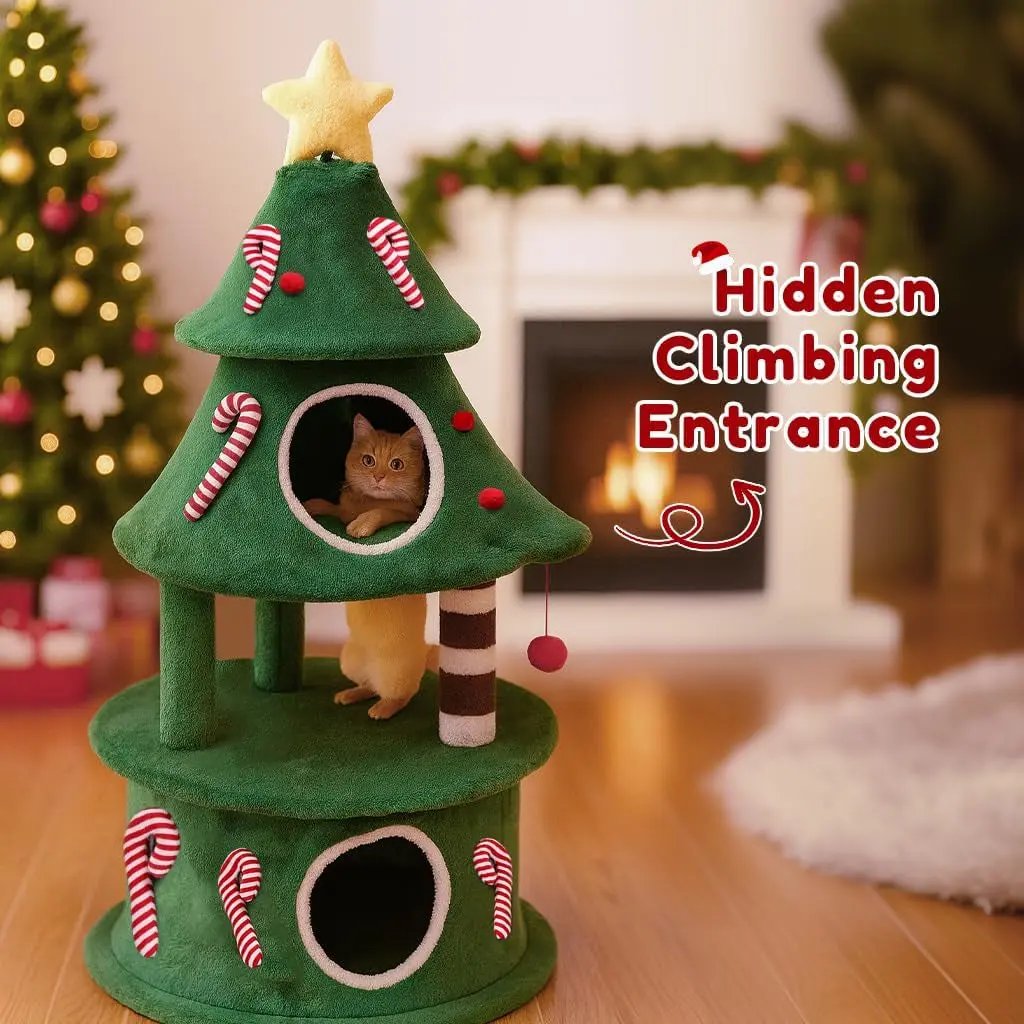 Christmas Cat Tree with 3 Condos – Holiday Cat Tower w/Toys & Scratching Posts