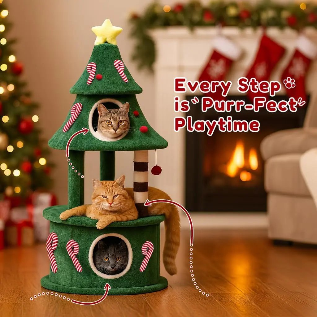 Christmas Cat Tree with 3 Condos – Holiday Cat Tower w/Toys & Scratching Posts