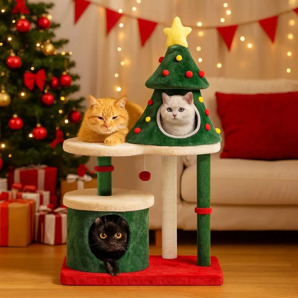 Christmas Cat Tree with 3 Condos – Holiday Cat Tower w/Toys & Scratching Posts 45Inch