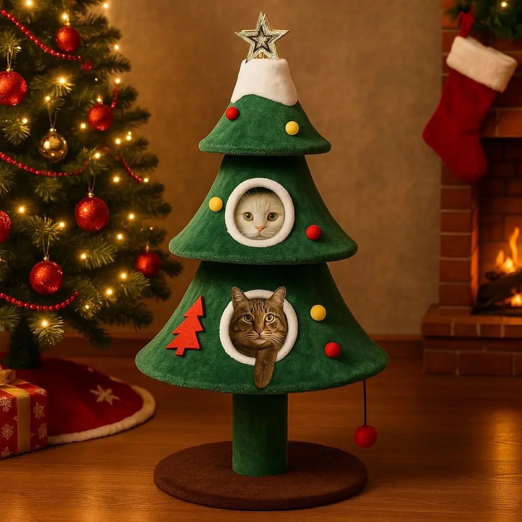 Christmas Cat Tree with 3 Condos – Holiday Cat Tower w/Toys & Scratching Posts 52Inch