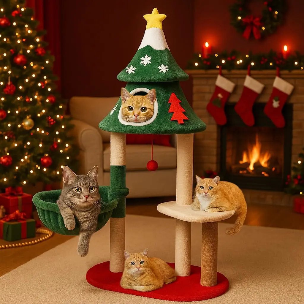 Christmas Cat Tree with 3 Condos – Holiday Cat Tower w/Toys & Scratching Posts 48Inch