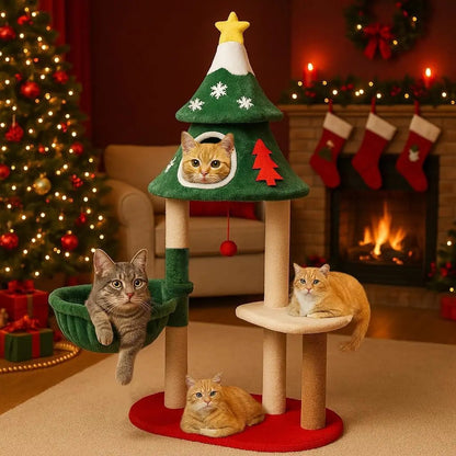 Christmas Cat Tree with 3 Condos – Holiday Cat Tower w/Toys & Scratching Posts 48Inch