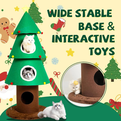 Christmas Cat Tree with 3 Condos, 59" Stable Cat Tower for Indoor Cats