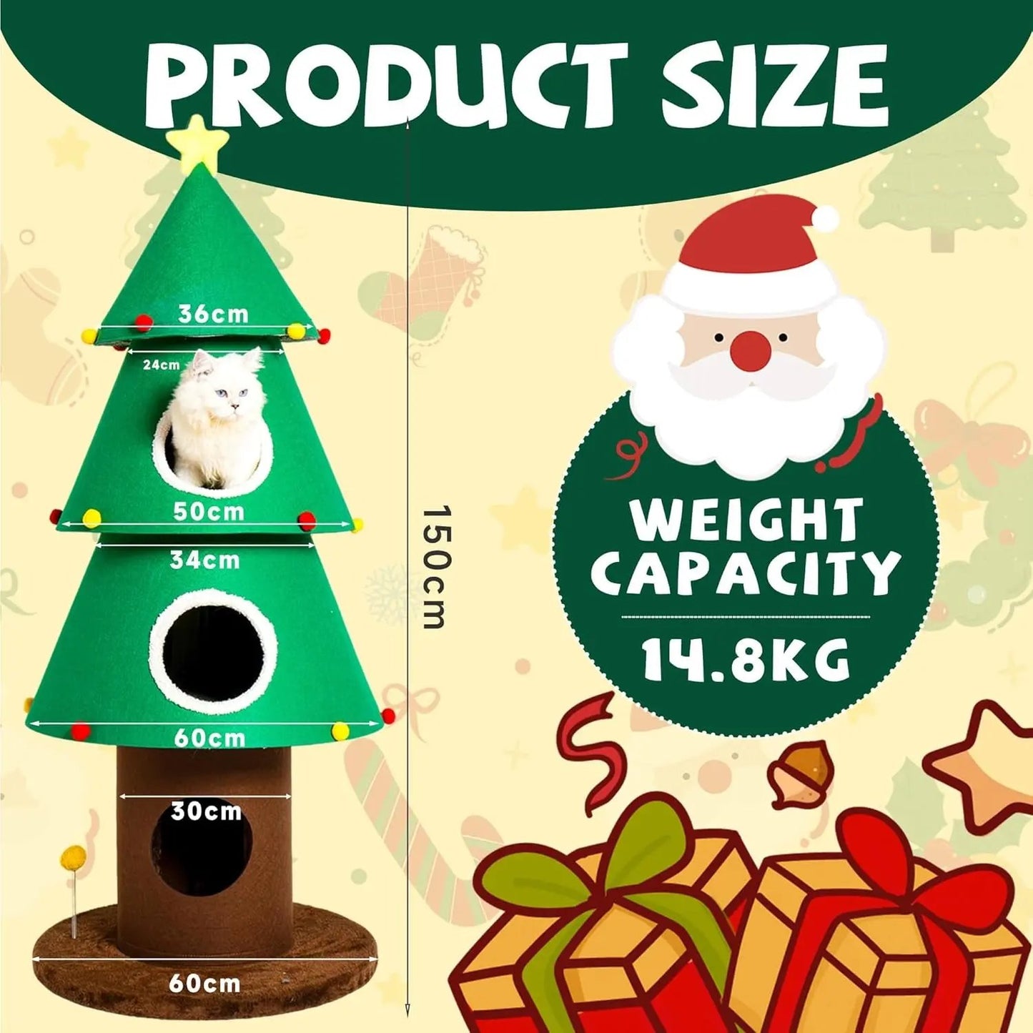 Christmas Cat Tree with 3 Condos, 59" Stable Cat Tower for Indoor Cats